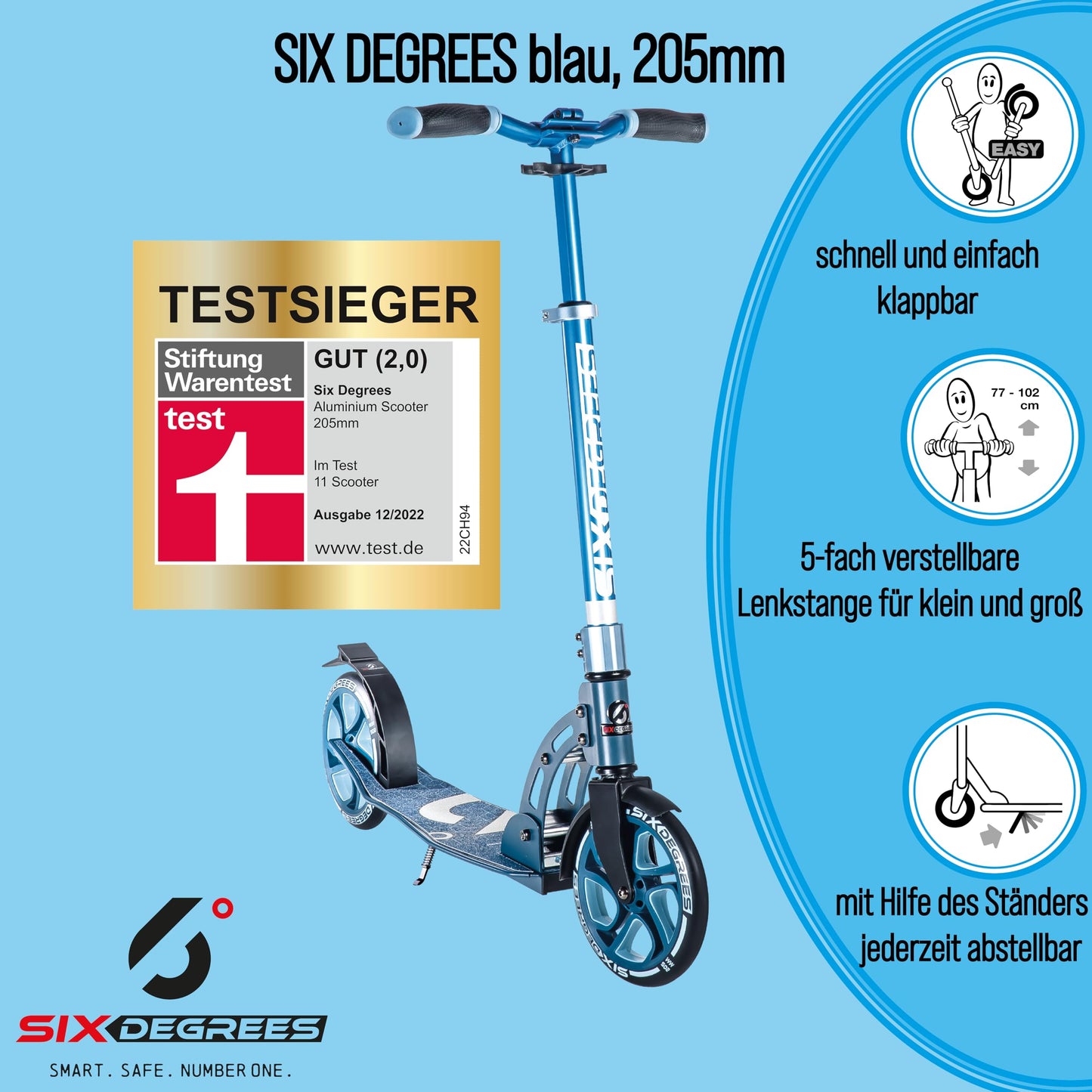 Six Degrees Aluminum Scooter with folding mechanism and stand, 205 mm, height adjustable, GS tested, blue, TEST WINNER
