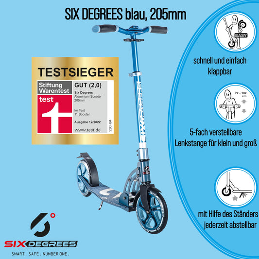 Six Degrees Aluminum Scooter with folding mechanism and stand, 205 mm, height adjustable, GS tested, blue, TEST WINNER