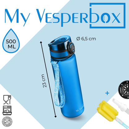 My Vesperbox - Minny - Kids Water Bottle - Personalized with your name - 500, 750, 1000ml incl. straw or sieve - BPA free - for kindergarten, school, sports, leisure (Blue 500ml)