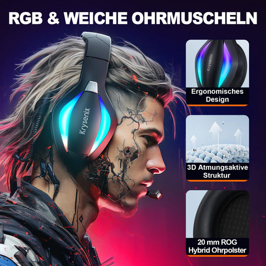 Krysenix PG1 RGB Gaming Headset for PS4, PS5, PC, Nintendo Switch, Xbox. Headset with microphone, gaming headphones with noise-canceling feature. 3.5mm jack in black.