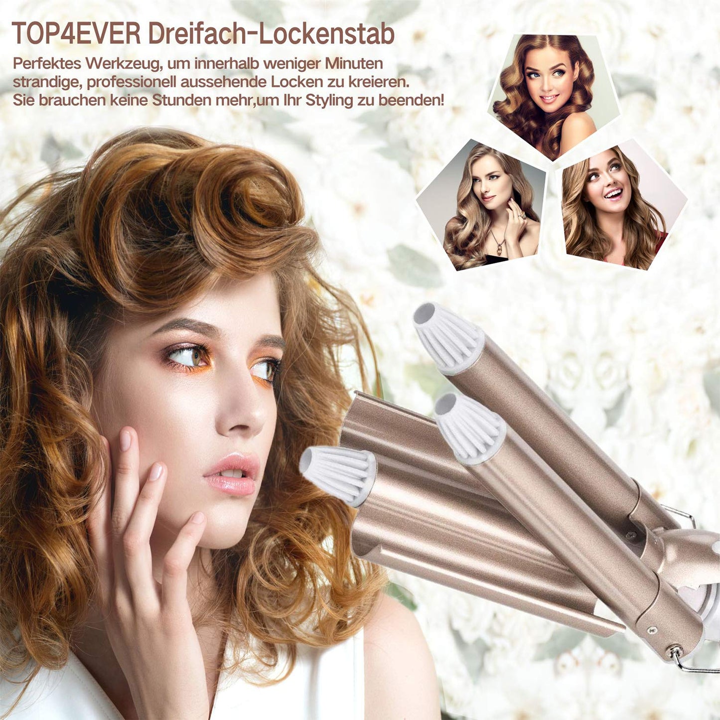 3 barrels waver iron, TOP4EVER curling wand with 3 rods with adjustable temperature, Wave iron Fast Heating Big wave for Long/short hair, Hair Styling Tool 22mm