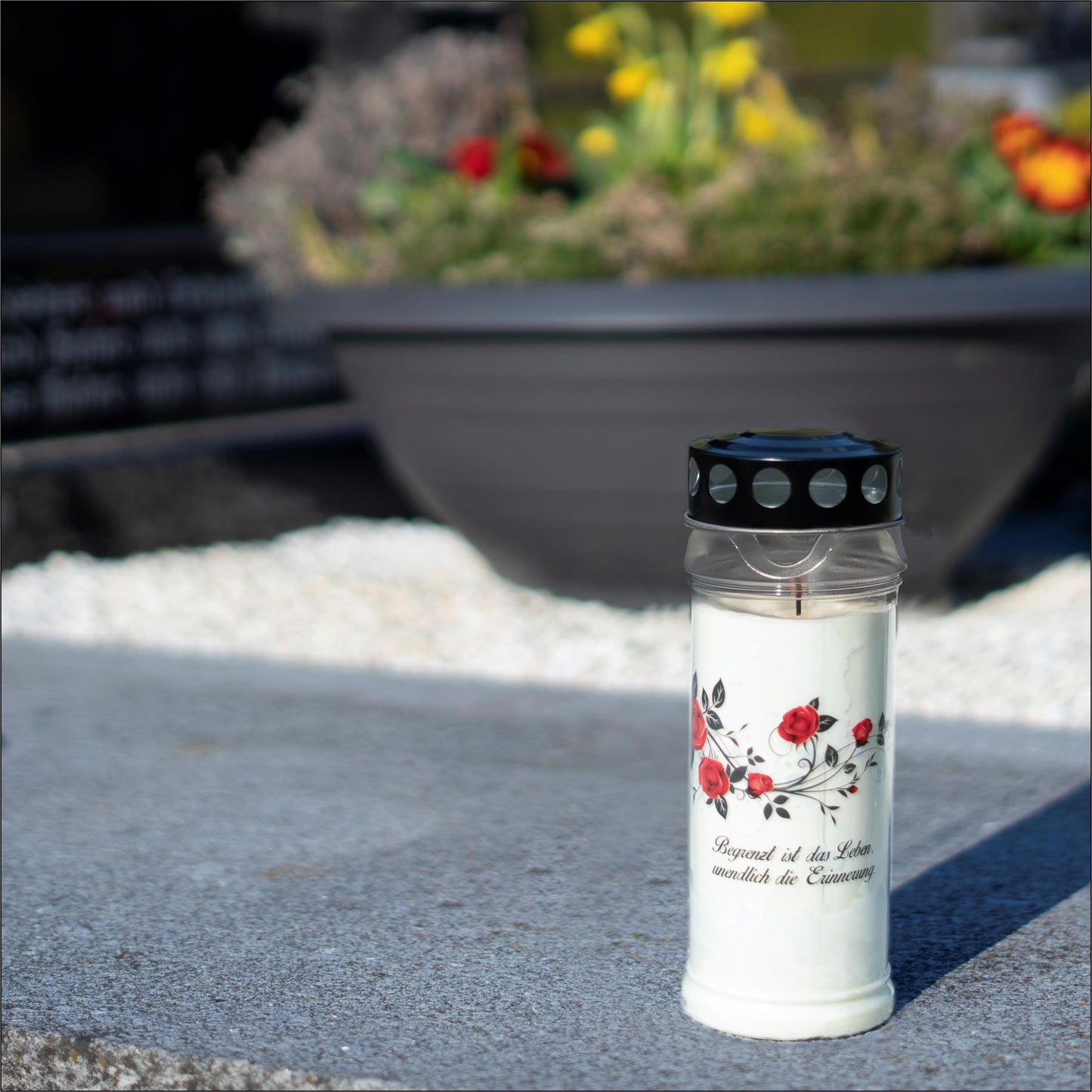 6er set HOFER GRAVE CANDLES 7 days burning time - The Original [Black Sorrow] Mourning Candles with Lid | Grave Light, Cemetery Candle with Design and Quote | Candles for Grave Decoration and Memorial