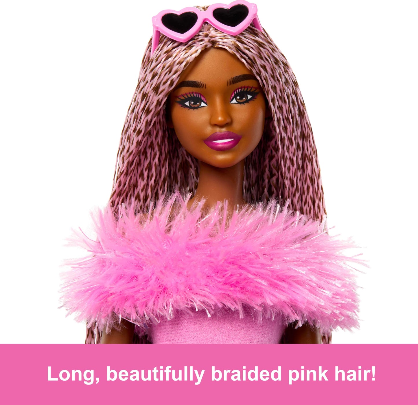 Barbie Deluxe Style Doll No. 4 with Barbiecore outfit, pink and brown braided pigtails, soft pink top with fuzzy collar and matching pants, plus accessories, HYV28.