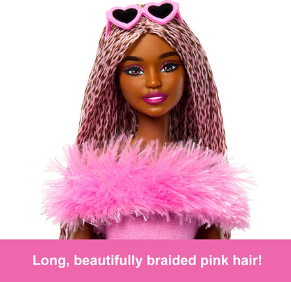 Barbie Deluxe Style Doll No. 4 with Barbiecore outfit, pink and brown braided pigtails, soft pink top with fuzzy collar and matching pants, plus accessories, HYV28.