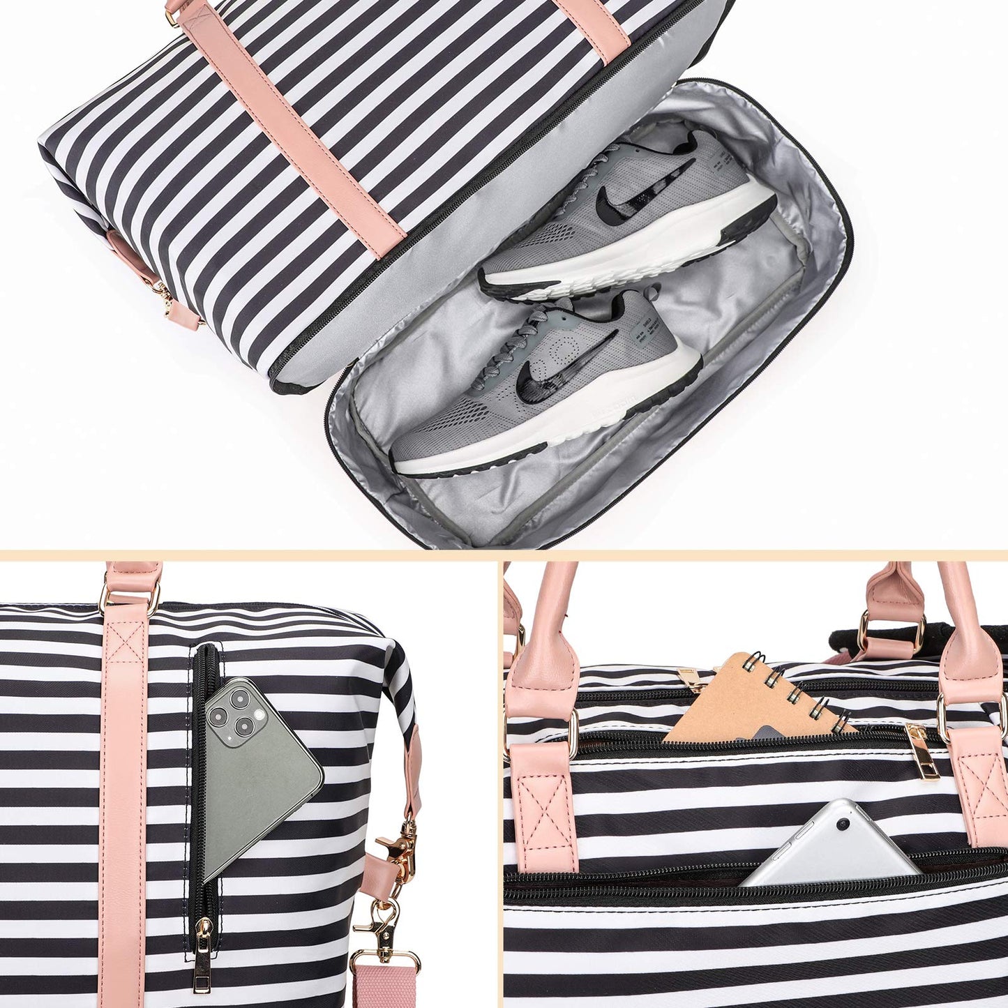 EverVanz weekend travel bag for women is made of polyester and features a shoe compartment and trolley sleeve for convenient storage.