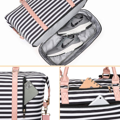 EverVanz weekend travel bag for women is made of polyester and features a shoe compartment and trolley sleeve for convenient storage.