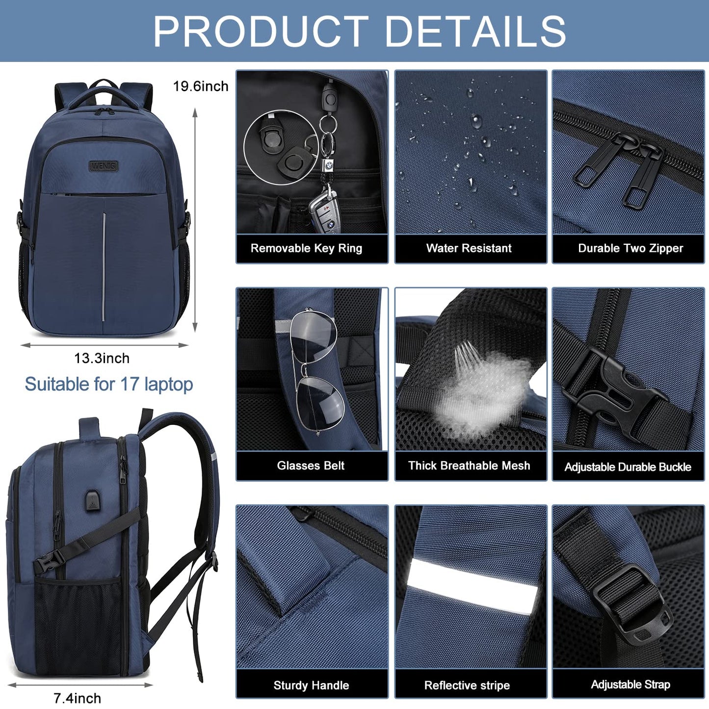 LOWA 17.3 Inch Laptop Backpack Men 50L,Extra Large Waterproof Work Backpack,Anti Theft Business Travel Laptop Bag with USB Charging Port Notebook Bag School Backpack Men Women - Blue