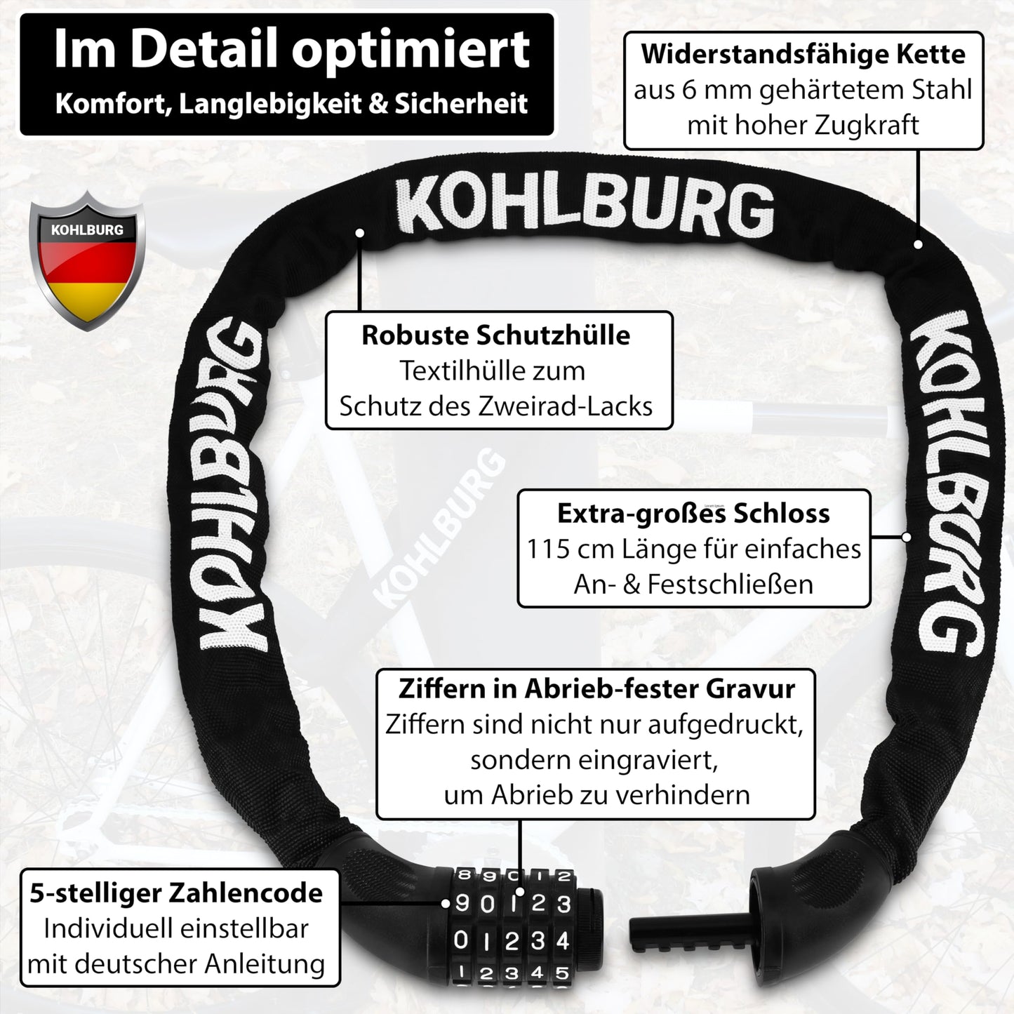 KOHLBURG very long bike lock combination lock 115cm & 6mm strong steel - bike lock with code - chain lock with number combination for bike E-bike & e scooter - code bike lock
