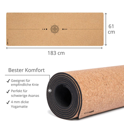 Mosswell Premium Cork Yoga Mat (4mm thick) - Non-slip fitness mat with alignment lines - Pilates mat + Yoga bag