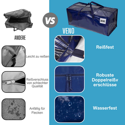 VENO 87-liter extra large moving bags with backpack straps, moving helpers, sturdy handles and zippers, clothes storage, laundry bags, reusable and sustainable (Blue, 10-pack)