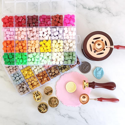 Improved wax seal set, wax seal stamp set with gift box, 48 colors 1200 pieces seal wax beads, 4 pieces wax seal stamps, seal wax warmer, envelopes, candles, metal pen.