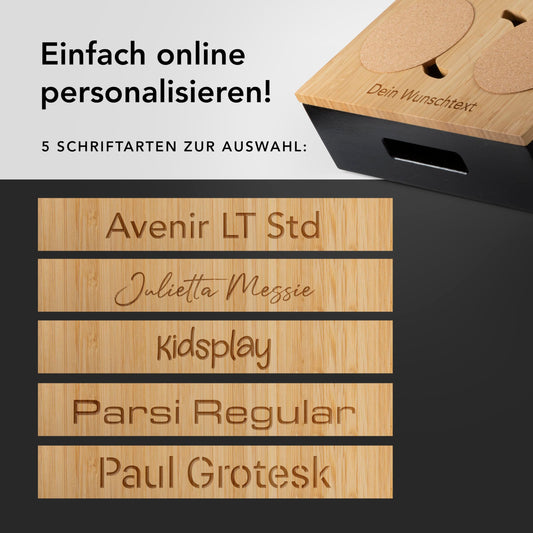 NewHabitat | Couchbar - Personalized snack box made of bamboo with engraving | Sofa tray with 2 snack bowls, 2 drink holders with coasters, magnetic lid, phone holder, includes gift box.