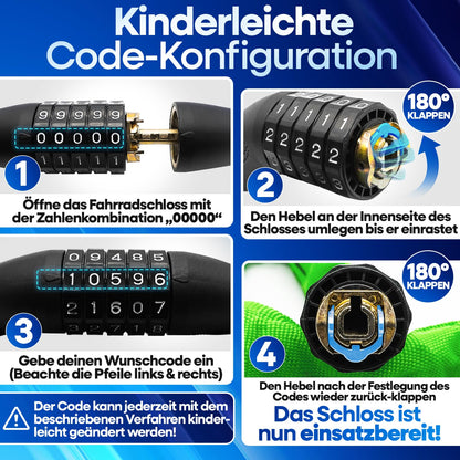 NEXTCOVER® Bike Lock with Combination - The Original - [SAFESECURE] high security I 5-digit combination code, bike chain lock steel I Lock for E-Bike I Chain lock