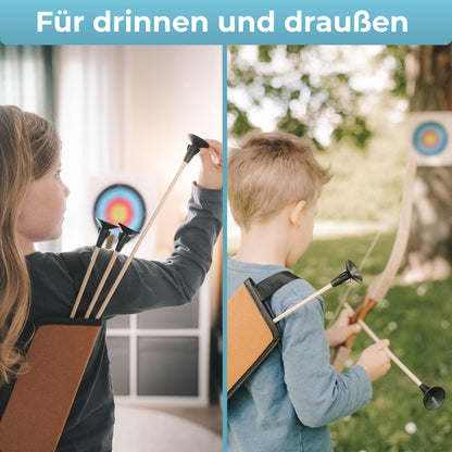 BOWRILLA® arrow and bow children's set with 6 suction cup arrows, wooden target, and quiver | Archery kids' toy for indoor and outdoor games from age 4 | For right and left-handed players.