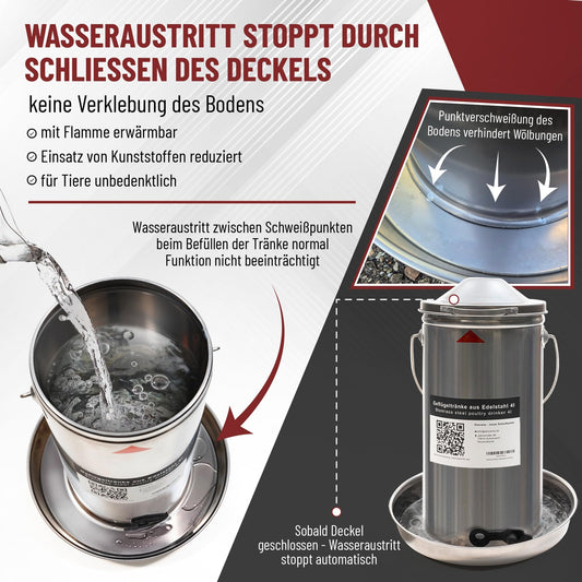 Chicken waterer 4 liters stainless steel: Poultry drinker metal easy cleaning | Heated chicken drinker compatible with candles + drink warmer for chickens.