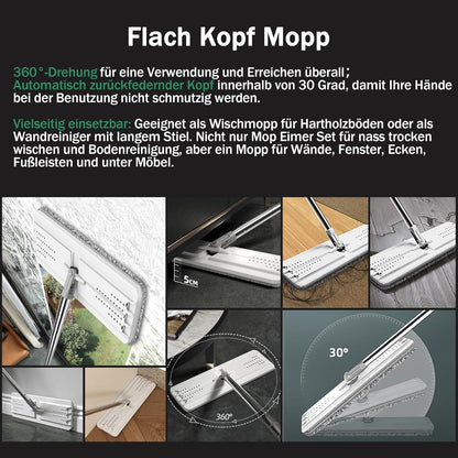 JOYMOOP Mop and Bucket with Wringer Set for Home, Flat Mop and Bucket System, Mops for Floor and Wall Cleaning, with 3 reusable microfiber mop pads.