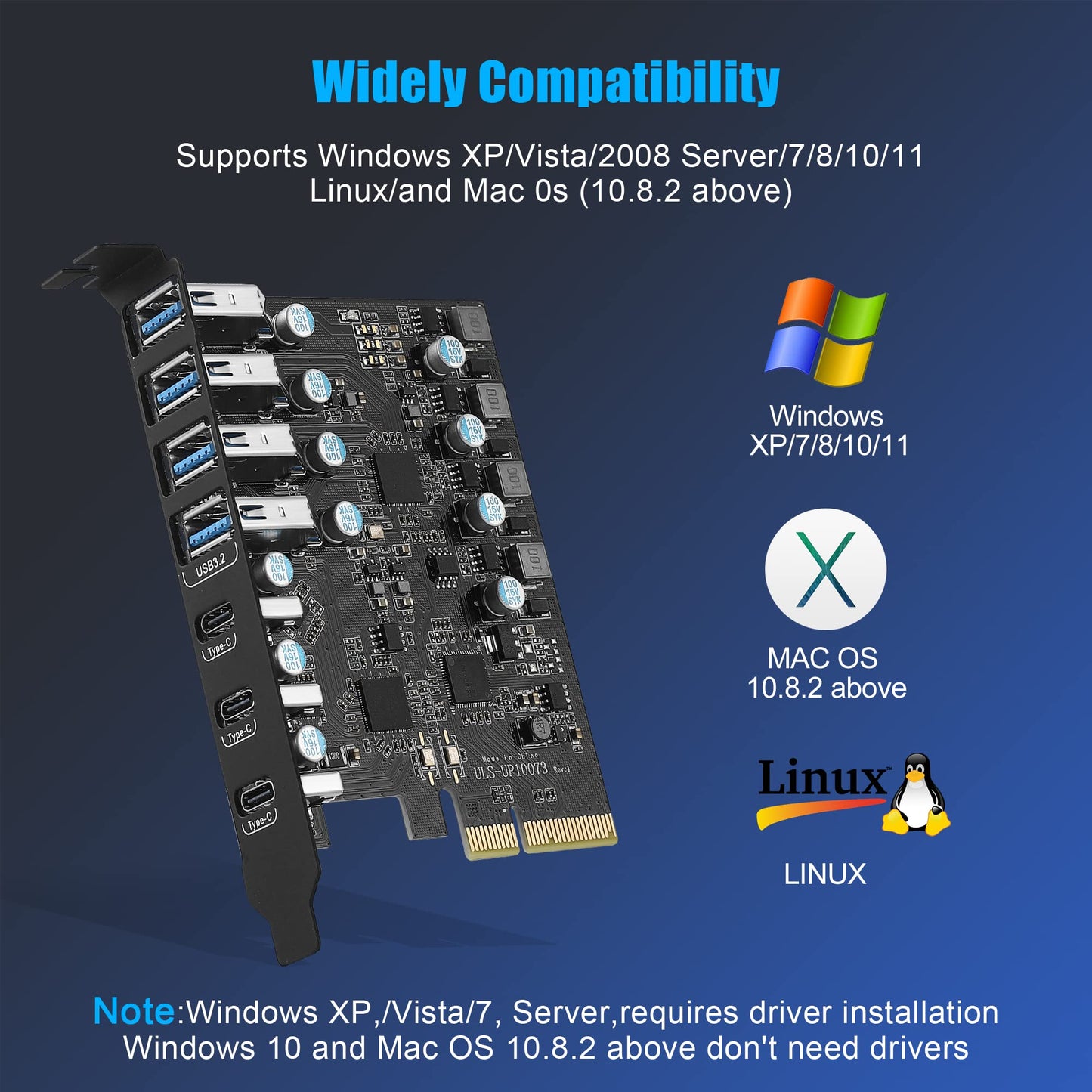 PCIe USB 3.2 Gen 2 card with 7 ports (4A + 3C), 10Gbps PCIe USB 3.2 card internal for desktop PC.