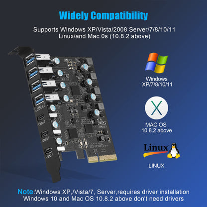PCIe USB 3.2 Gen 2 card with 7 ports (4A + 3C), 10Gbps PCIe USB 3.2 card internal for desktop PC.