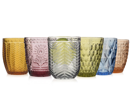Singer drinking glasses set of 6 glass glasses for 6 people, water glass, multicolored, unique cut, everyday, family meals, office, outdoor juice glasses set | 310 ml.