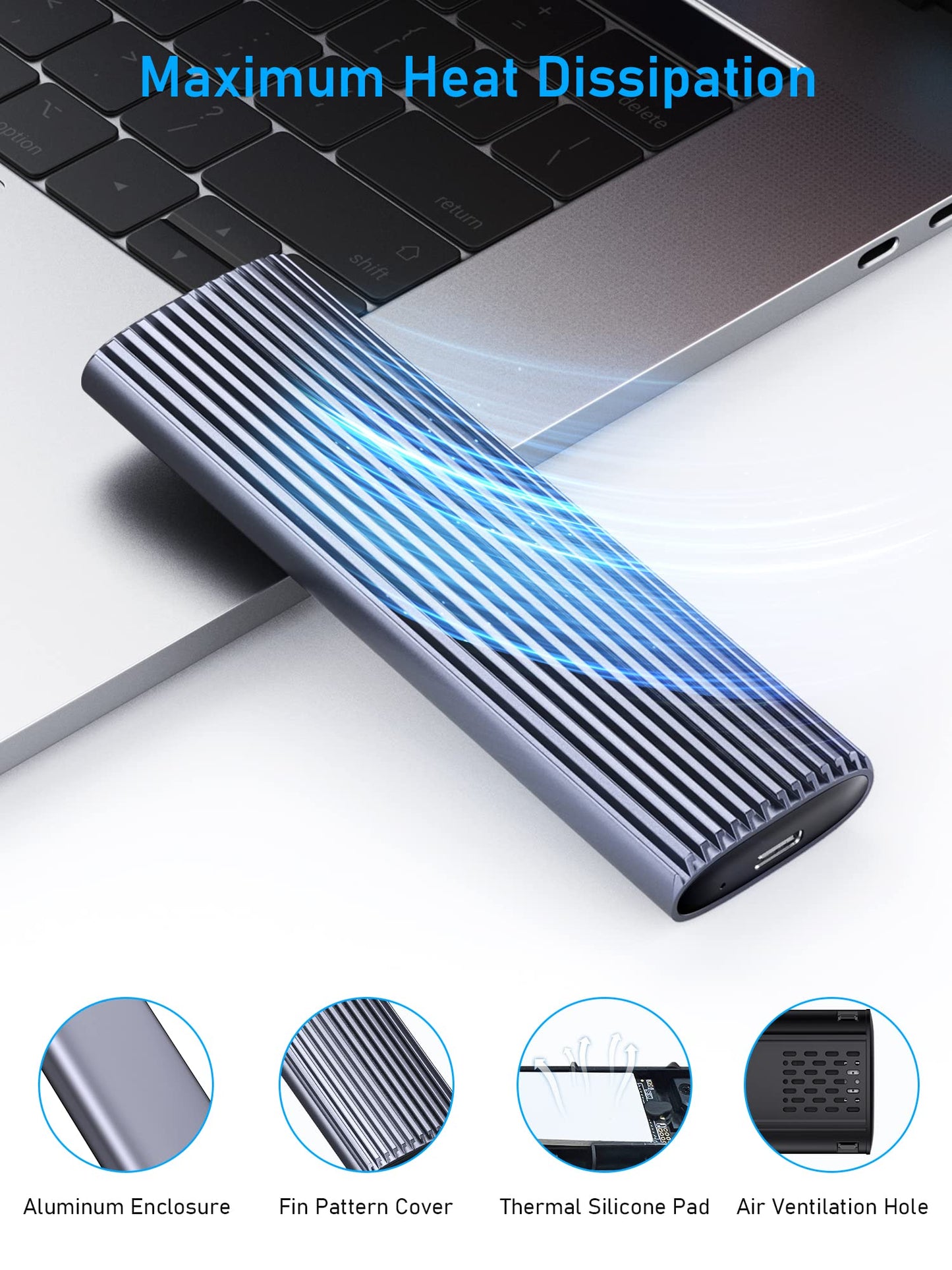 Beikell NVMe M.2 USB 3.2 SSD enclosure with heatsink 10 Gbps for PCIe M-Key/M+B Key/NVMe Express in 2230/2242/2260/2280, with Type C and A cables Tool-free.