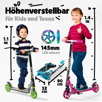 Apollo Skyracer City Scooter with LED light-up wheels | Scooter for kids 6 years and up | City scooter with suspension | Kick scooter for children and teens | foldable and adjustable height