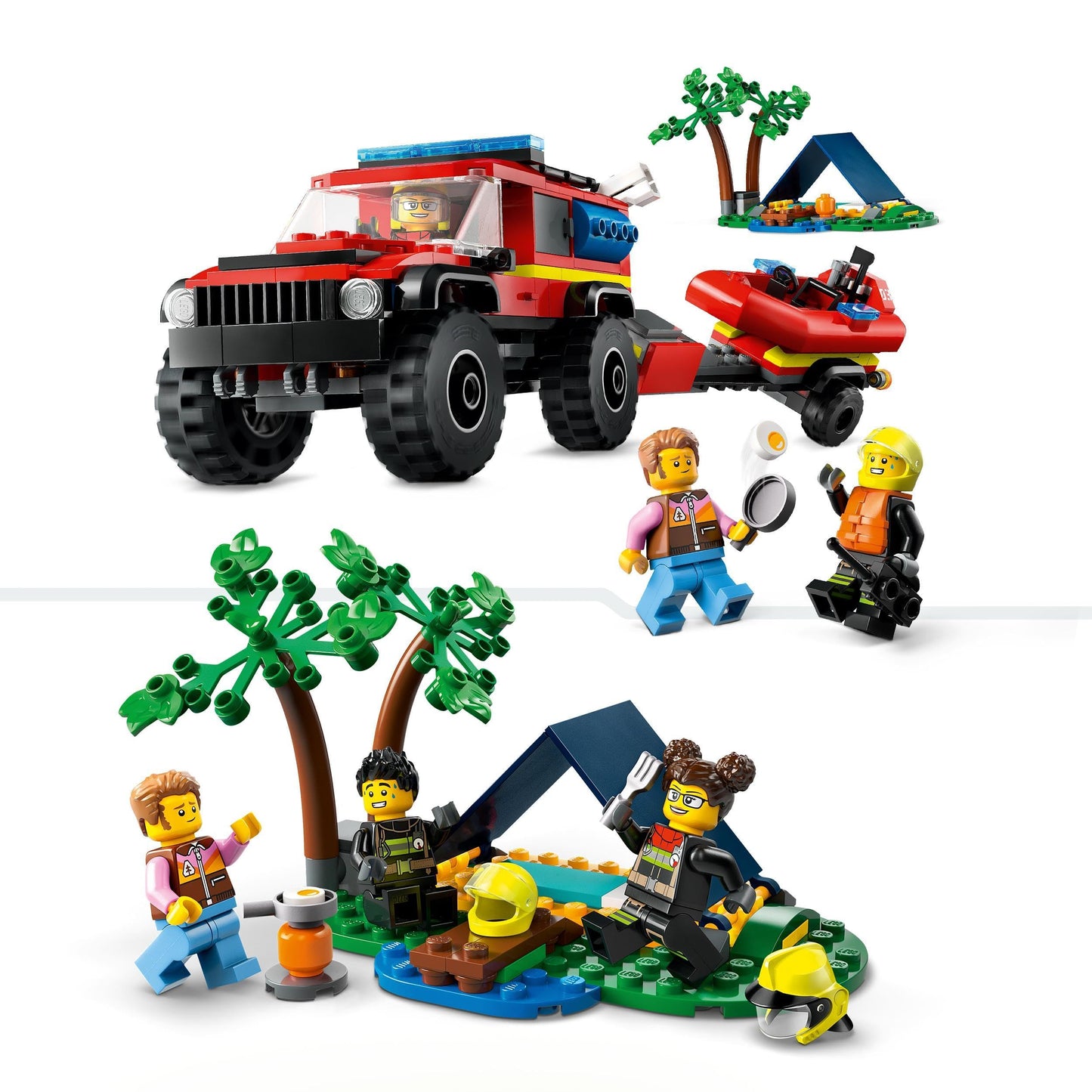 LEGO City Fire SUV with Rescue Boat, Off-Road Car Toy & City Fire Helicopter, set with helicopter toy and pilot figure.