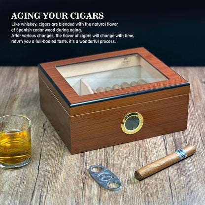 Slege Cigars Humidor, Humidor Cigars Spanish Cedar, with Digital Hygrometer, INOX Cigars Humidifier, Divider, Cuban Cigars Accessories, Gift for Men, German Manual (Brown)