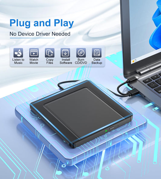 External CD DVD Drive, Ultra slim USB 3.0 & USB-C CD/DVD Drive, CD DVD +/-RW ROM Burner Optical External DVD Drive for Laptop, PC, Desktop, MacBook, Windows 11/10/8/7/XP/Linux/MacOS