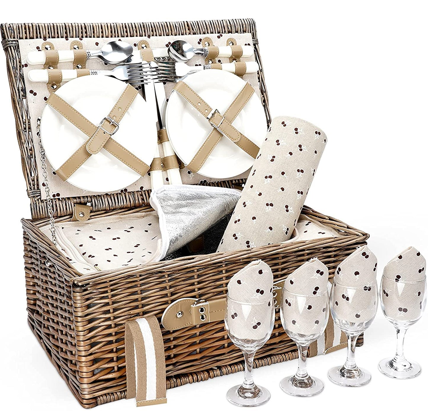 Picnic basket made of wicker for 4 people, with large insulated cooler bag and waterproof picnic blanket. Picnic set basket for camping, outdoor, Valentine's Day, Christmas, Thanksgiving.