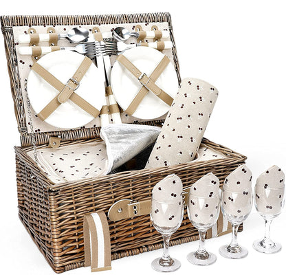 Picnic basket made of wicker for 4 people, with large insulated cooler bag and waterproof picnic blanket. Picnic set basket for camping, outdoor, Valentine's Day, Christmas, Thanksgiving.