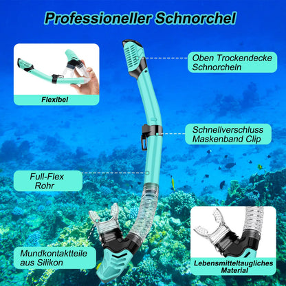 Adult Snorkeling Set, snorkel set with diving mask and dry snorkel, waterproof anti-fog/anti-leak snorkel mask made of tempered glass for snorkeling, swimming, and diving.