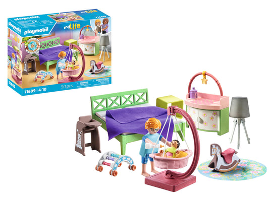 PLAYMOBIL MyLife 71609 Bedroom with Baby Play Area, and Two Figures, made from over 80% recycled and bio-based materials, detailed toy for children ages 4 and up.