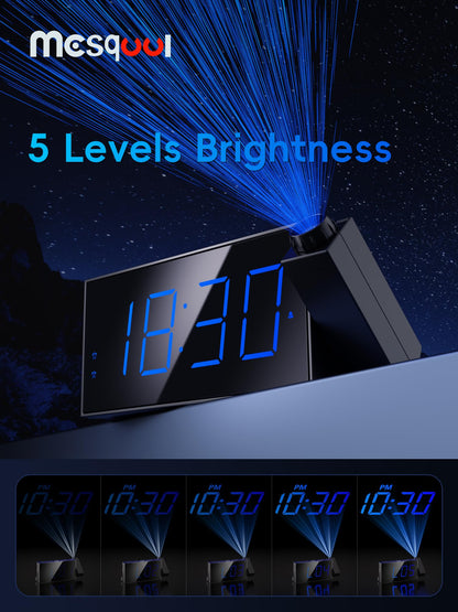Projection alarm clock, 7-inch digital display and dimmer, dual alarms, USB port, adjustable alarm volume, snooze, 12/24 hour format, battery backup for bedroom, ceiling, wall, home, kids, seniors.
