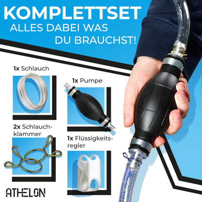 ATHELON® Hand pump for gasoline, diesel, water & oil - XL transfer pump including liquid regulator and 2m hose - Improved hose pump [2024] - Reliable & leak-proof.