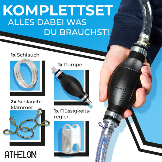 ATHELON® Hand pump for gasoline, diesel, water & oil - XL transfer pump including liquid regulator and 2m hose - Improved hose pump [2024] - Reliable & leak-proof.