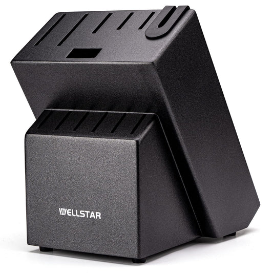 Knife block without knives, WELLSTAR Natural Wood Kitchen Knife Block without Knives – Hardwood Countertop Knife Storage with Built-In Knife Sharpener - Black