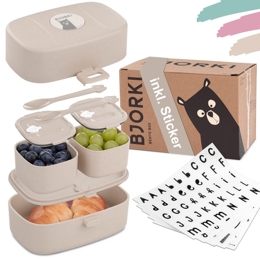 BJORKI® Bento Box for kids with BONUS name stickers - Leakproof lunchbox with compartments - Sustainable lunch box for kindergarten & school - Perfect for on-the-go snacking. (Pastel Beige)