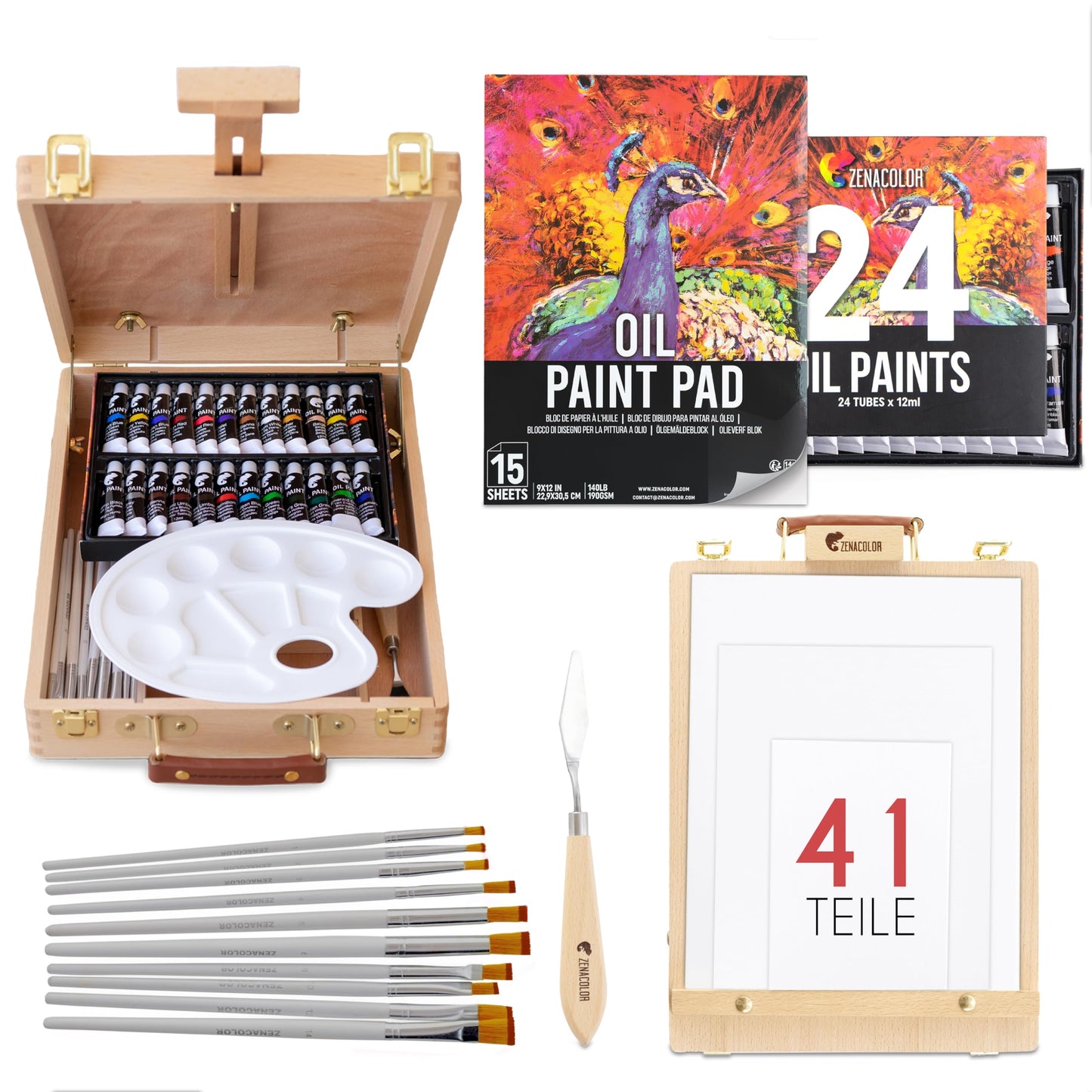 Easel with oil paint set - painting kit 41 pieces: 24 tubes of oil paint 3 canvases to paint on 1 painting pad 10 brushes 1 painting spatula 1 palette 1 table easel Zenacolor