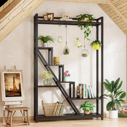 Tribesigns Flower Stand, 7-tier large plant shelf with 5 S-hooks, 180cm tall industrial wooden flower stand for indoor balcony floor plant stand living room (Black)