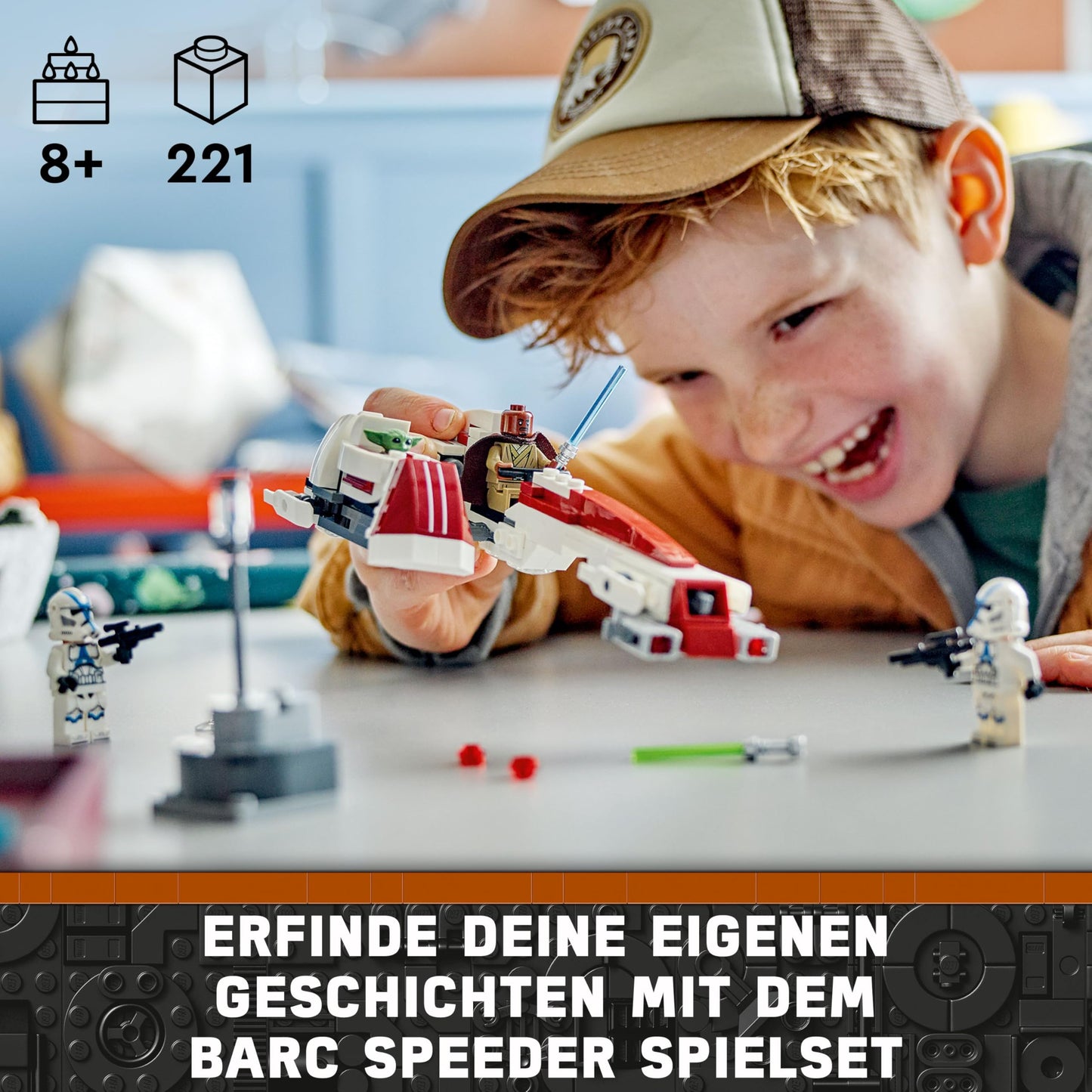 LEGO Star Wars Escape with the BARC Speeder, The Mandalorian Set, toy bike with sidecar, includes characters Kelleran Beq and Grogu, gift for boys and girls aged 8 and up 75378