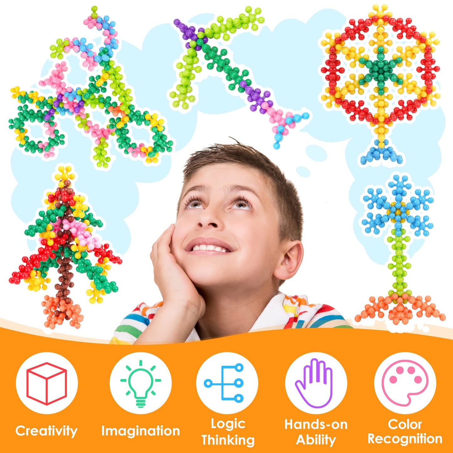 NiToy Snowflake Connect Blocks 300 Pieces for Kids 3 and Up, multicolor plastic blocks for early learning and creativity, STEM toy with carrying bag, safe material.