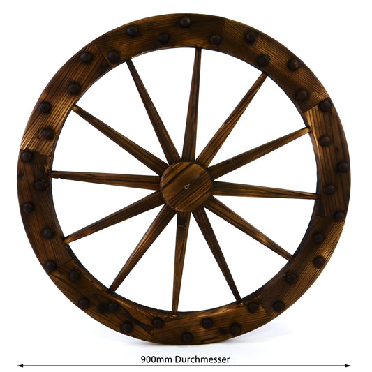 Wooden wagon wheel Ø 90 cm 12 spokes red brown decorated with rivets Decorative garden decor wall decor spoke wheel terrace decor hut decor barn decor (900 mm)