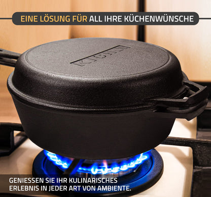 KICHLY Pre-Seasoned Dutch Oven Fire Pot - Dual Function Roaster Cast Iron Pot - Cast Iron Skillet for Stove & Camping, for outdoor & indoor use - 3L/3.2 Quart Cooking Set (2 in 1)