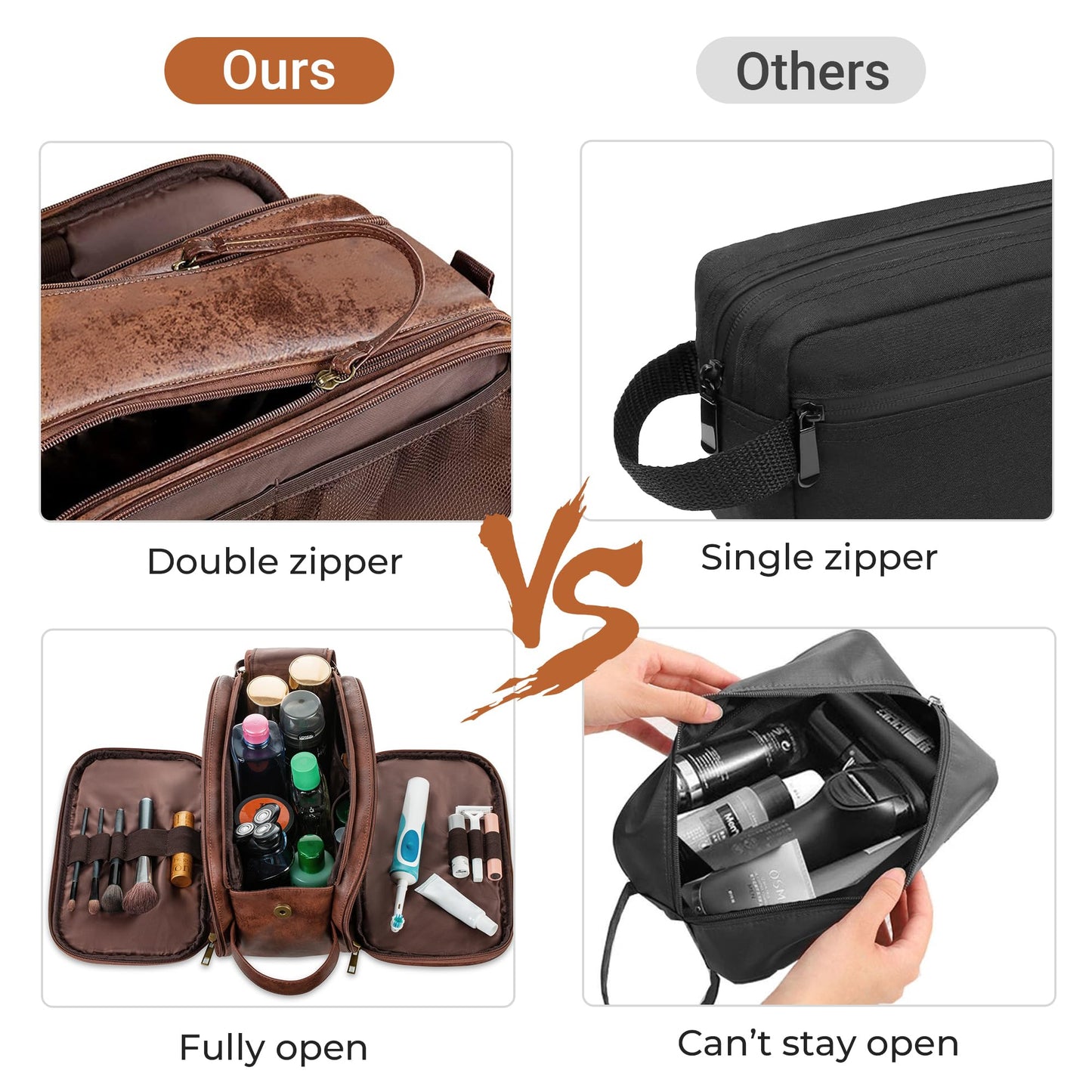Elviros men's toiletry bag, PU leather waterproof travel large opening toiletry bag, suitable for travel, business trip, fitness, bathroom, dark brown, size: L