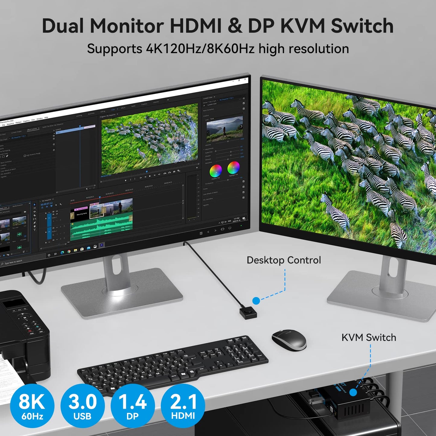 CMSTEDCD 8K60Hz Displayport HDMI KVM Switch allows two PCs to share Dual-Monitor, Keyboard, Mouse, Printer, and U-Disk with 4 USB Ports for seamless switching between computers.