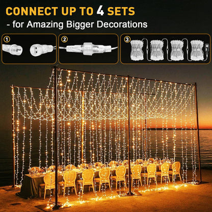 Yowin 6m x 3m 600 LED curtain lights with plug, 8 modes, waterproof waterfall light chain for outdoor/indoor use. Perfect for room, wedding, garden, pergola, and Christmas decoration.