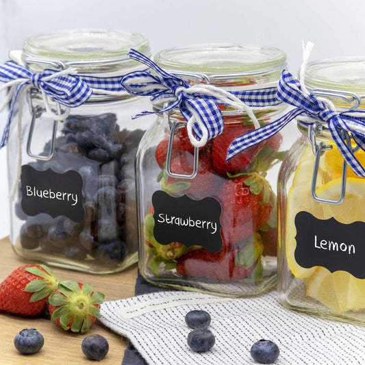 Creative Home 8 x Mason Jars with Clamp Lid | Jars 750ml | Mason Jar Canning Jars with Lid and Rubber Ring | Clamp Jar airtight | 12 Reusable Stickers + 1 Anti-Dust Chalk