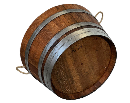 Wooden barrel used as a plant pot, wine barrel halved and oiled (D70 cm) (with handle loops and drainage holes)