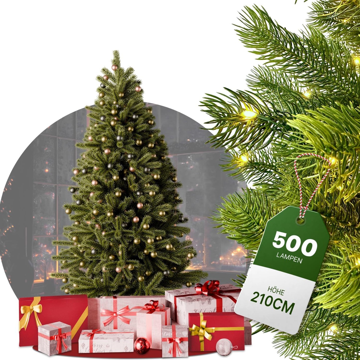 Artificial Christmas tree with lighting - [100% injection molding] - 210 cm high with 500 LEDs - lifelike fir tree - with integrated string lights - Christmas tree with stable metal stand