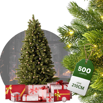 Artificial Christmas tree with lighting - [100% injection molding] - 210 cm high with 500 LEDs - lifelike fir tree - with integrated string lights - Christmas tree with stable metal stand